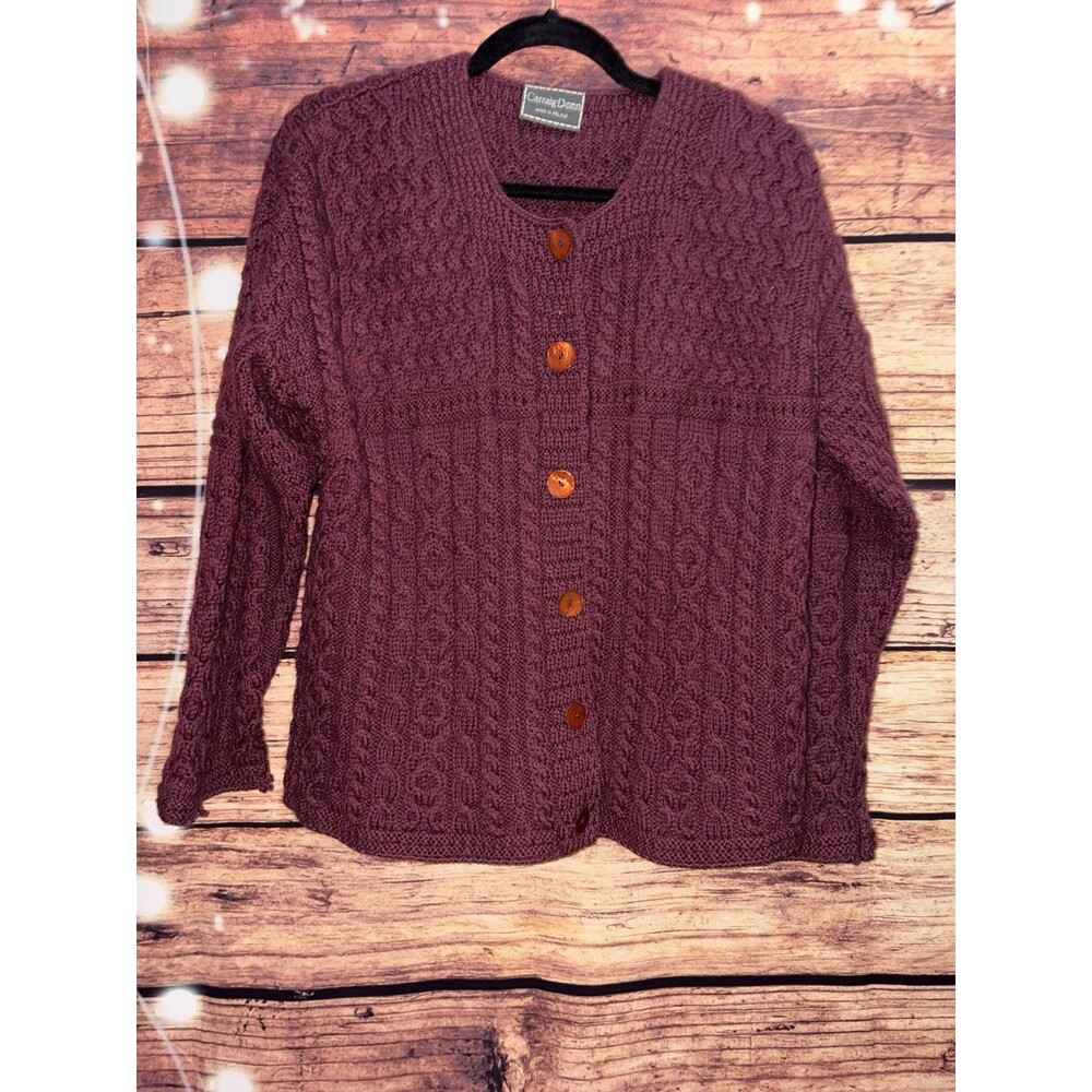 Vintage Carraig Donn Cardigan Sweater Sz L  Cable-knit Aran Irish 100% New Wool